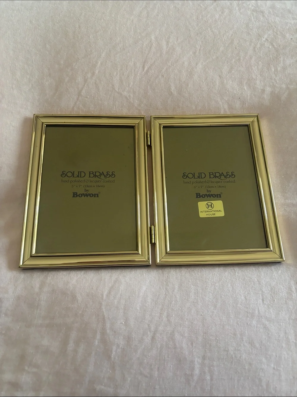 International House Solid Brass Double Picture Frame Gold vintage 5x7 Bowon